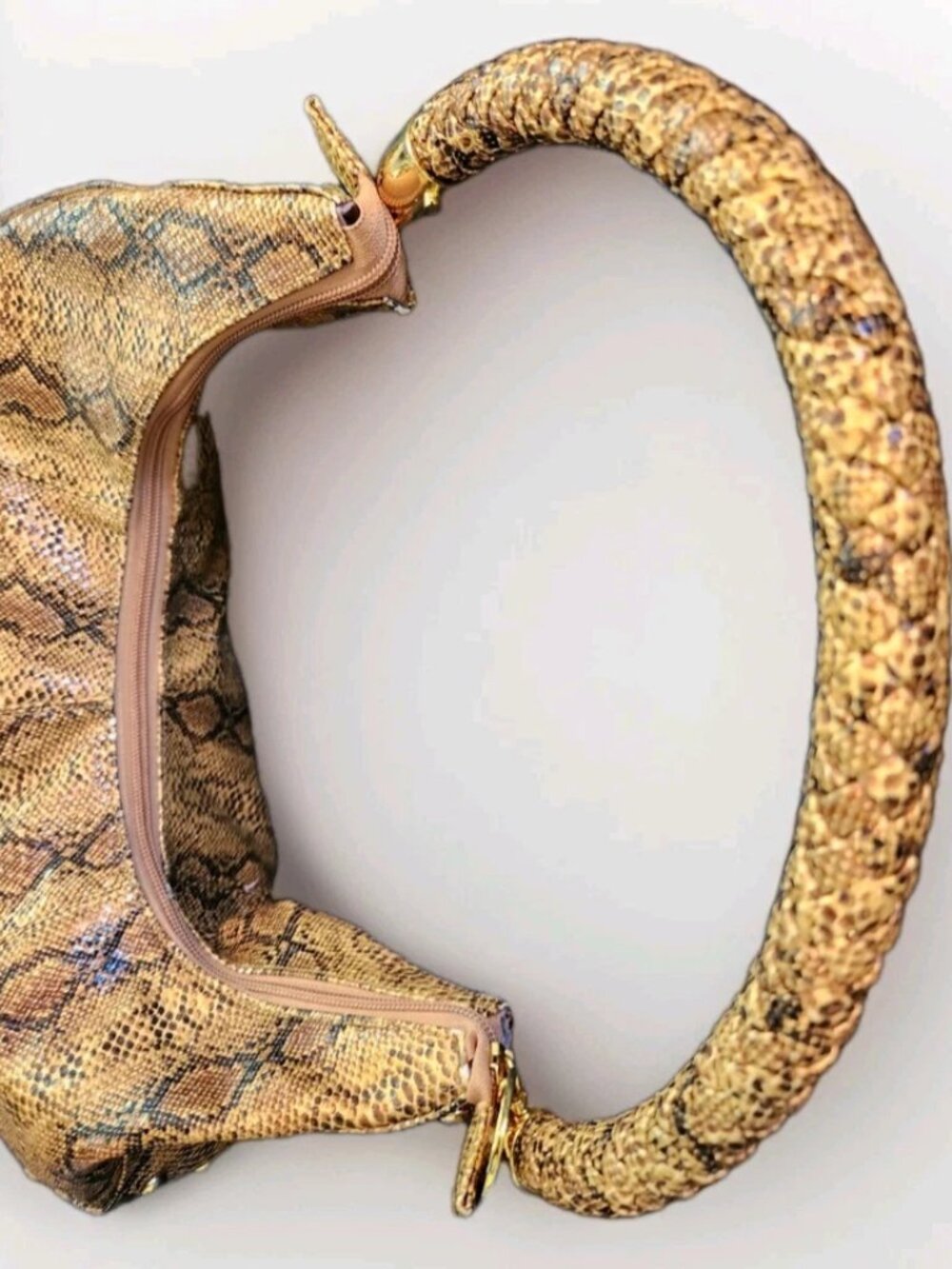 Calla Faux Snakeskin Hobo Handbag Golden Brown Python Print Studded Charm Y2K - Picture 7 of 16